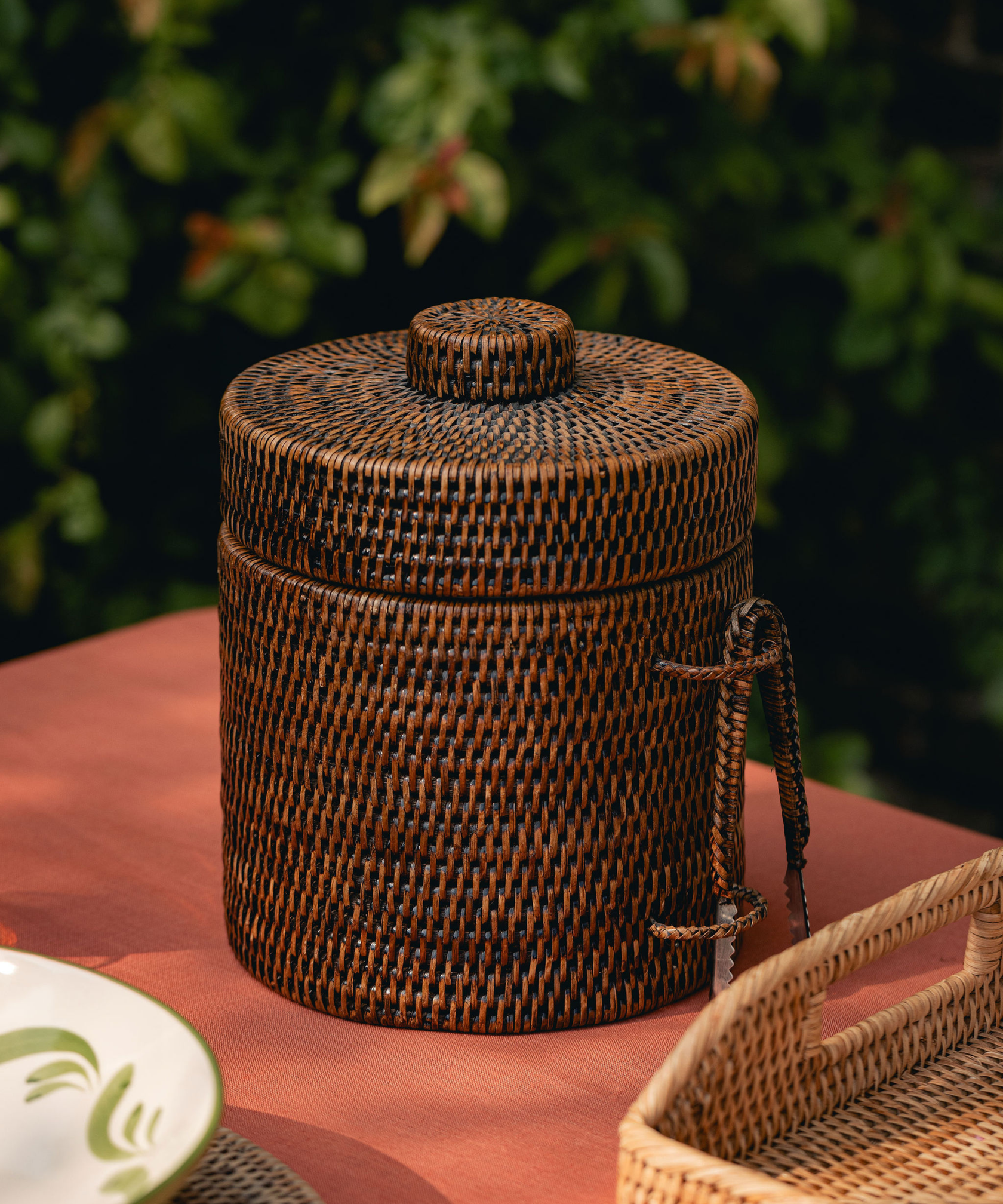Rattan Ice Bucket with Tongs, Brown
