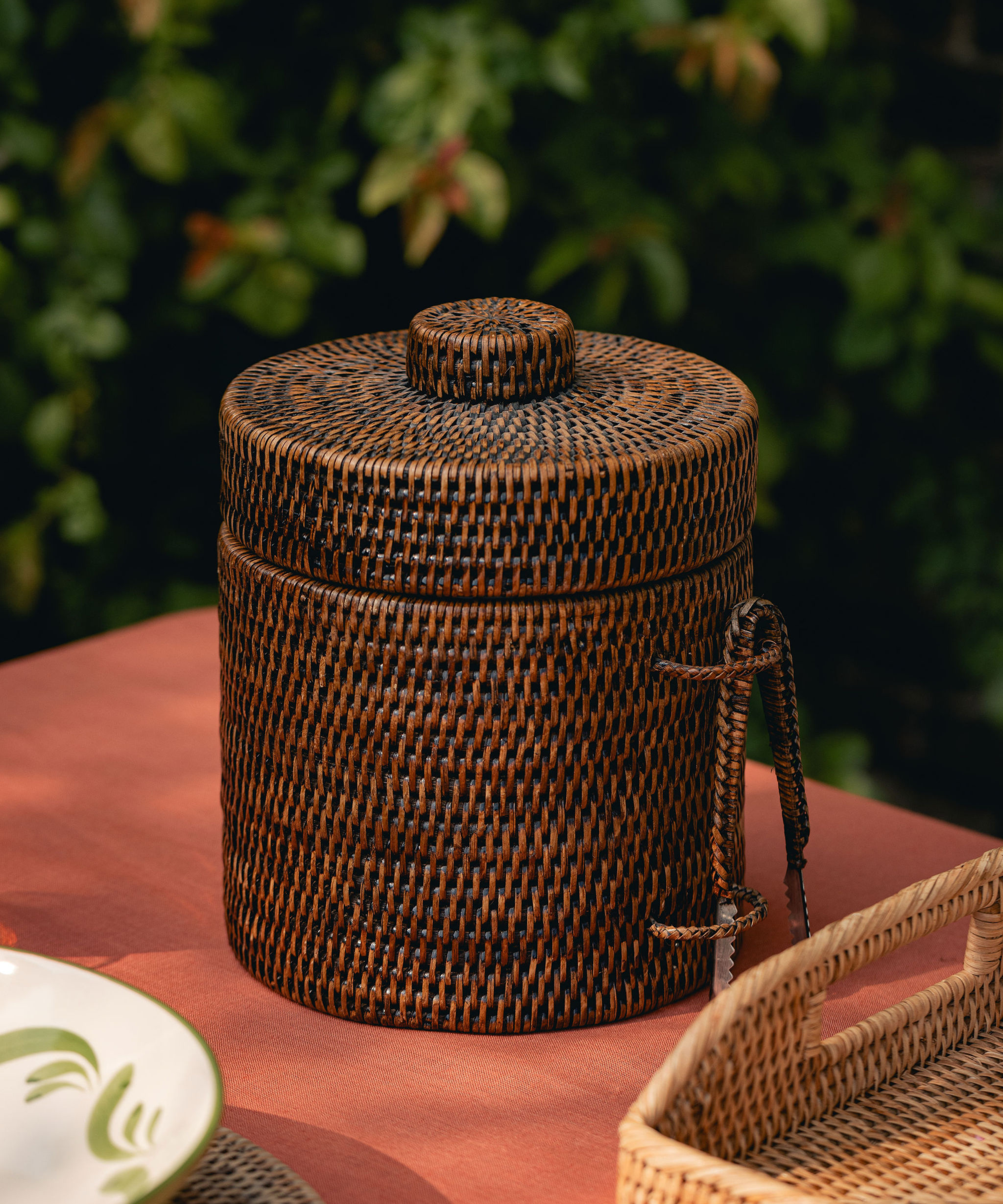 Rattan Ice Bucket with Tongs, Brown