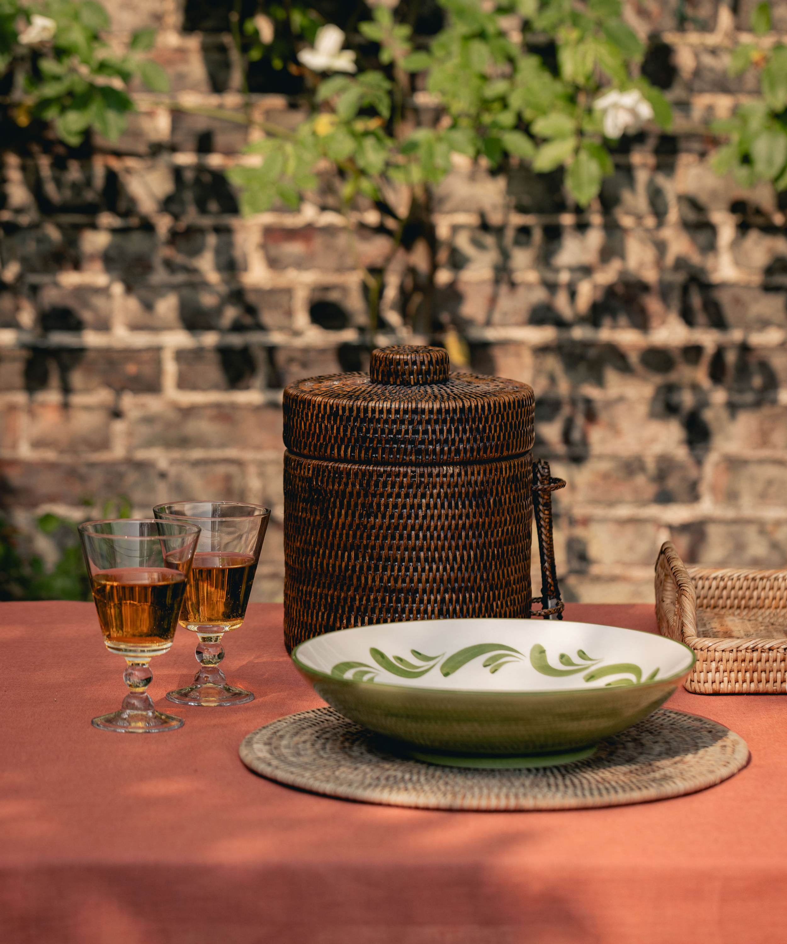 Rattan Ice Bucket with Tongs, Brown