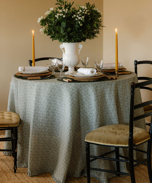 Basketweave Pleated Round Linen Tablecloth, Vine Green
