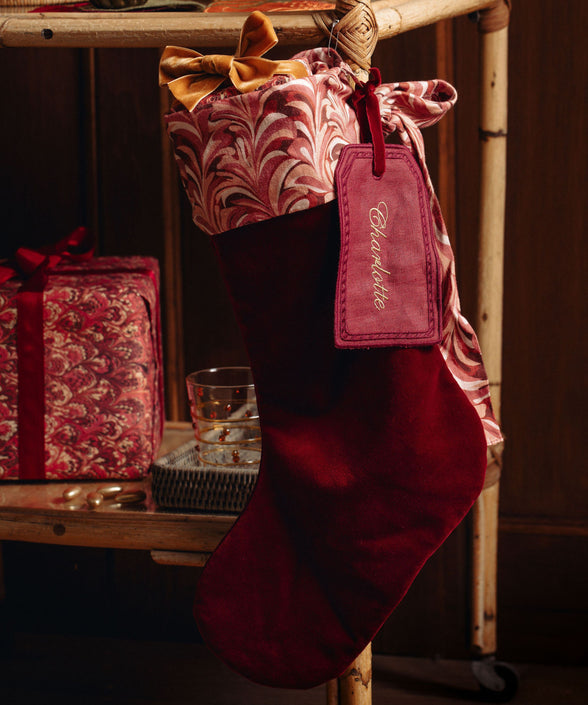 Marble Linen & Velvet Bow Christmas Stocking with Personalised Linen Gift Tag, Burgundy