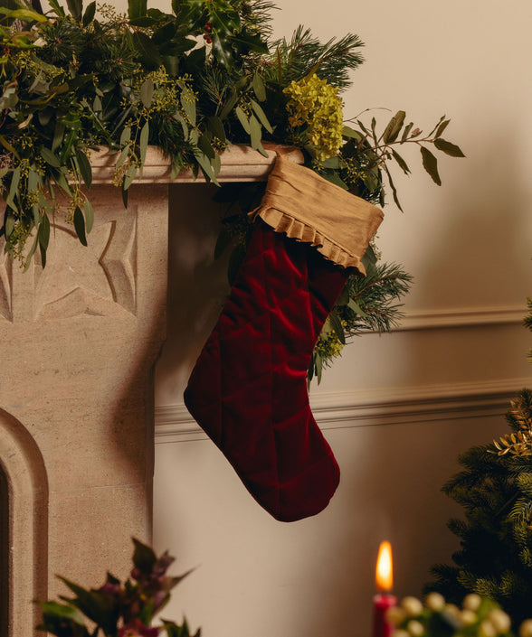 Quilted Velvet & Silk Christmas Stocking with Personalised Linen Gift Tag, Burgundy