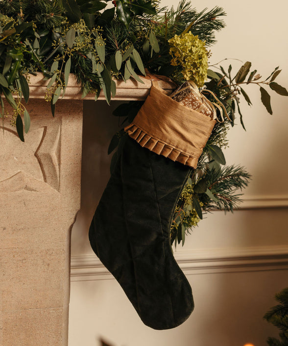 Quilted Velvet & Silk Christmas Stocking with Personalised Linen Gift Tag, Green