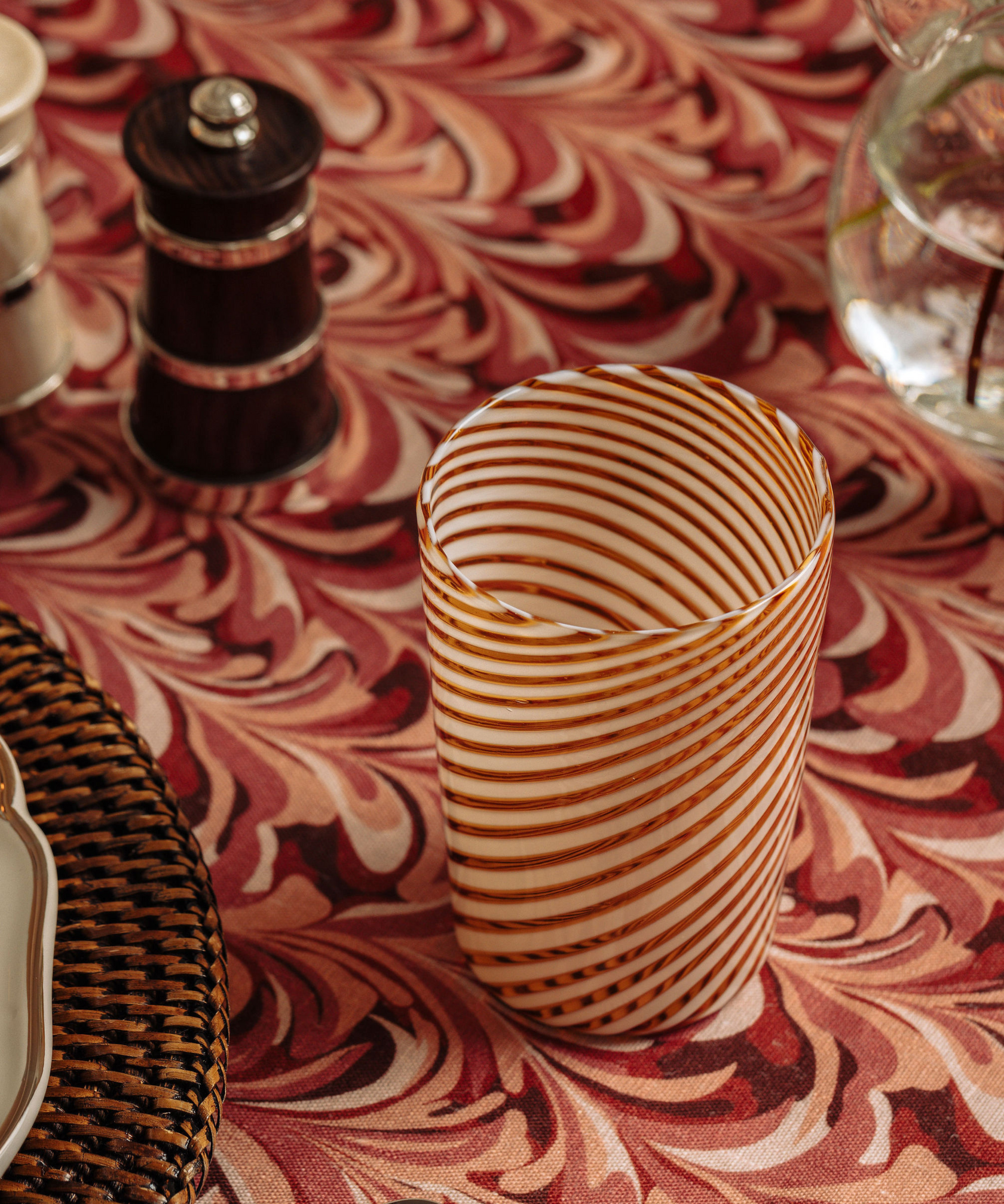 Pair of Murano Swirl Tumblers, Autumn, with Marble Tablecloth