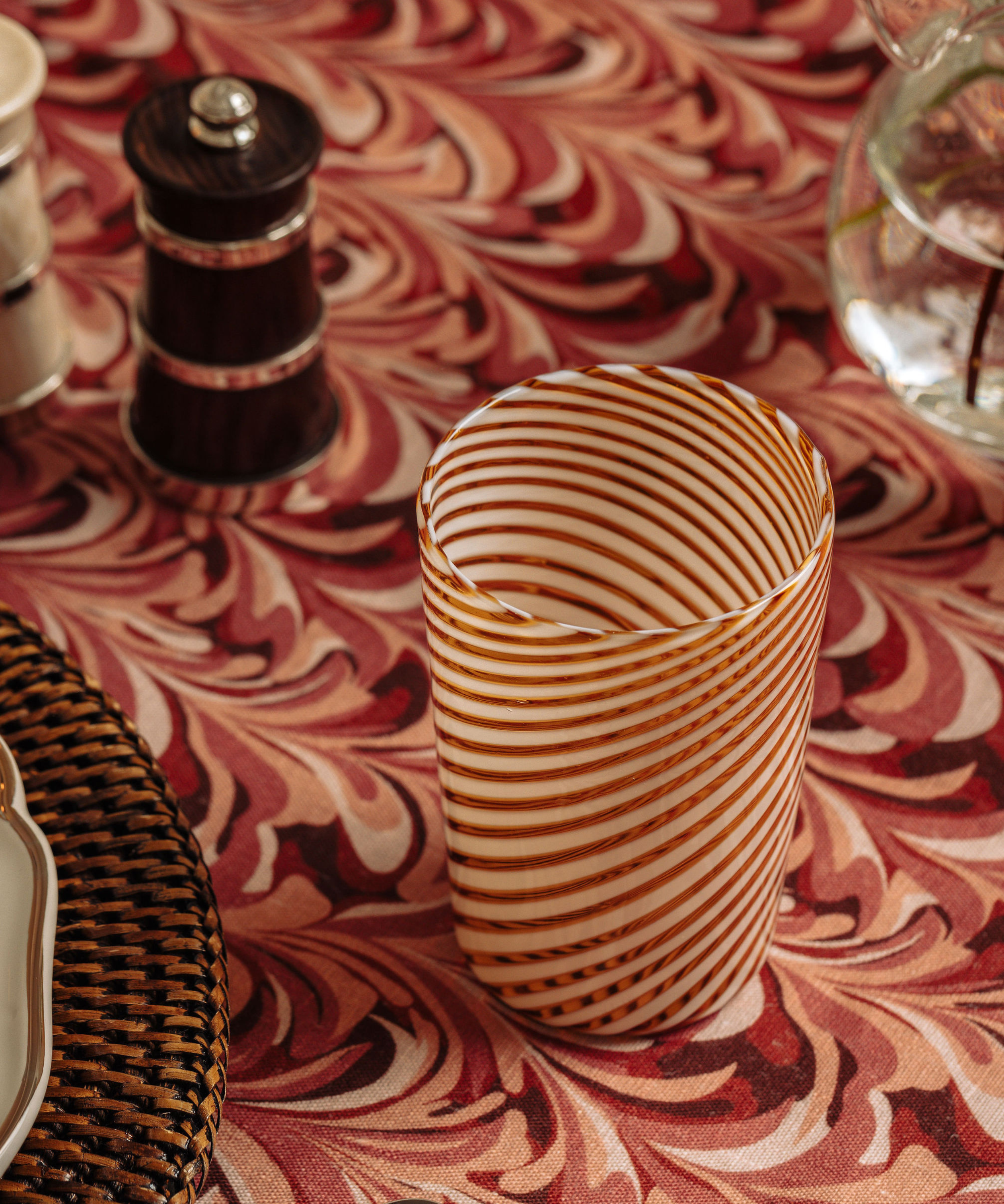 Pair of Murano Swirl Tumblers, Autumn, with Marble Tablecloth