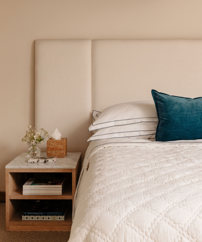 Rebecca Udall Verity Linen Velvet Rectangular Cushion, Denim Blue with the Rattan Tissue Box Cover