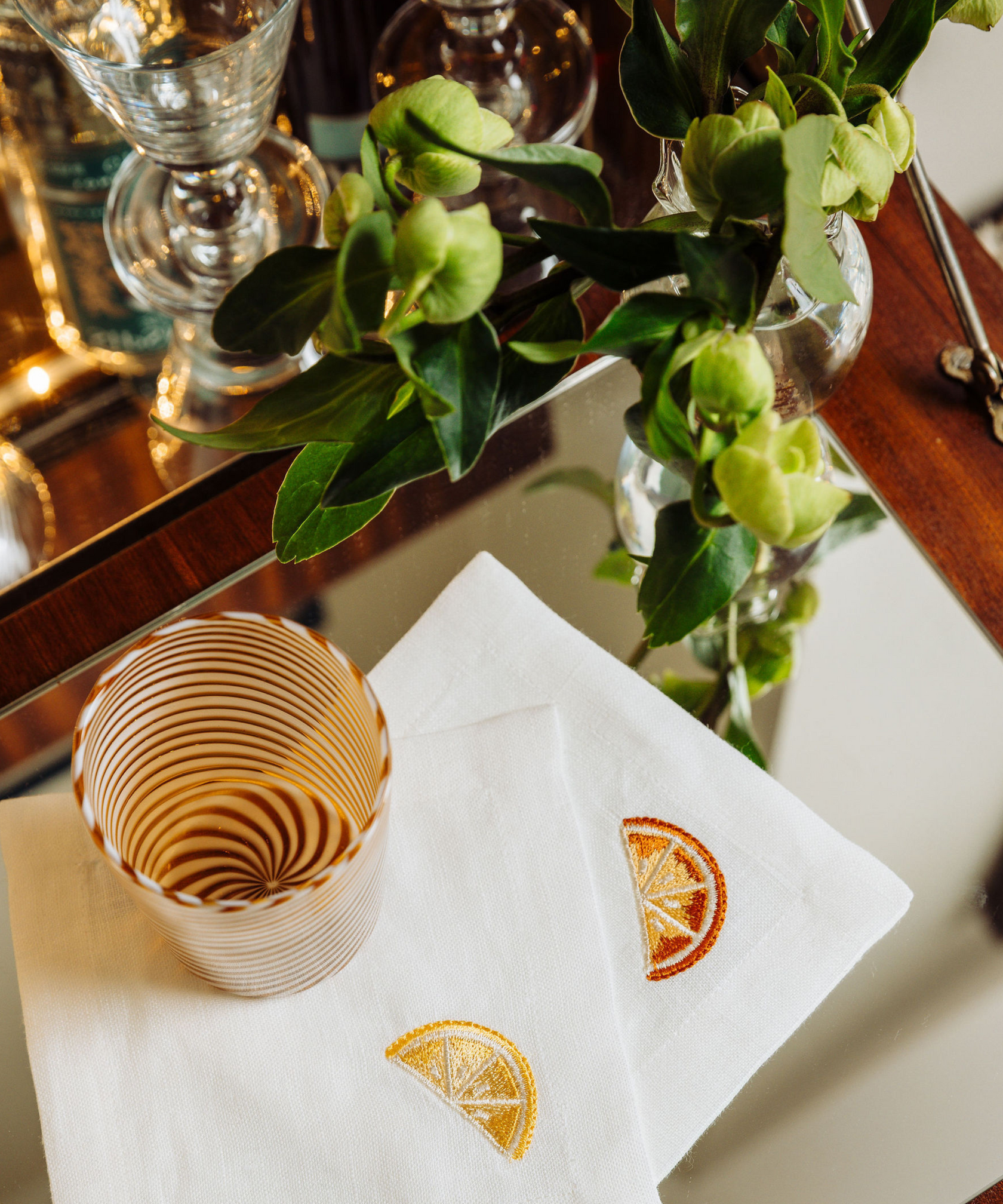 Pair of Murano Swirl Tumblers, Autumn, with Cocktail Napkins