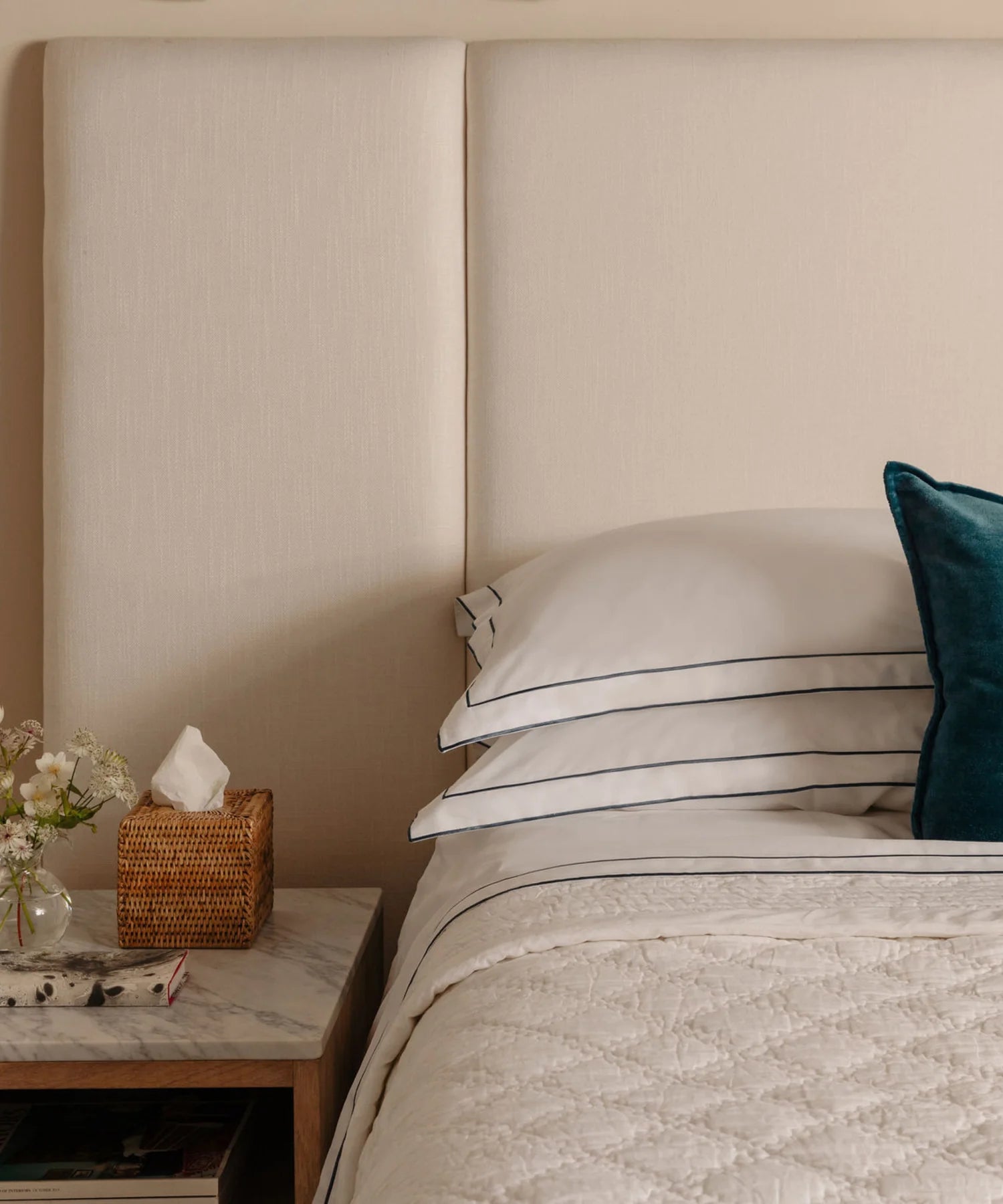 Pair of Frame Pillowcases, Steel Blue, Bedroom Lifestyle
