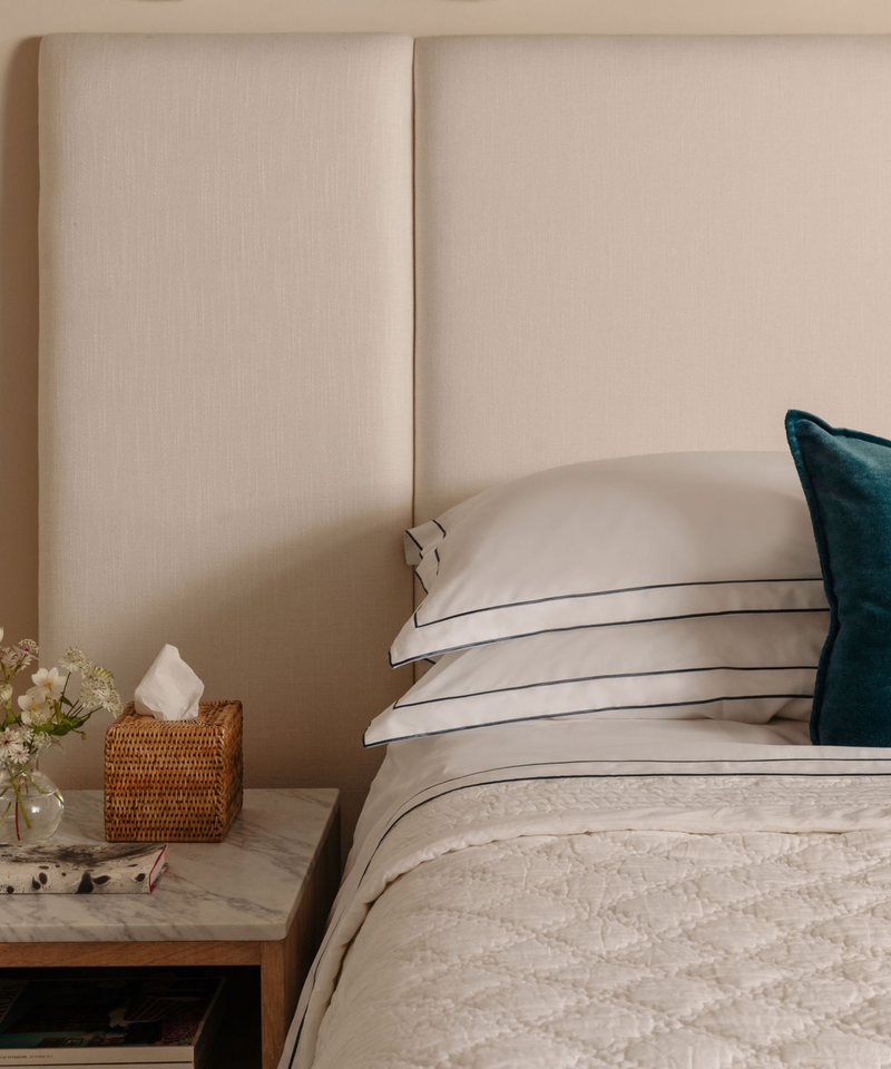 Rebecca Udall Frame Bed Linen, White with Contemporary Minimalistic Classic  Blue Stitching