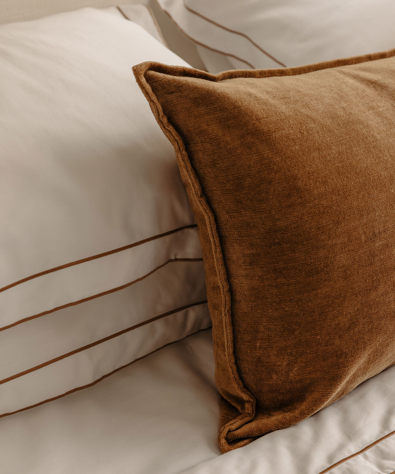 Rebecca Udall Linen Velvet Rectangular Cushion in Brown Nougat in Bedroom