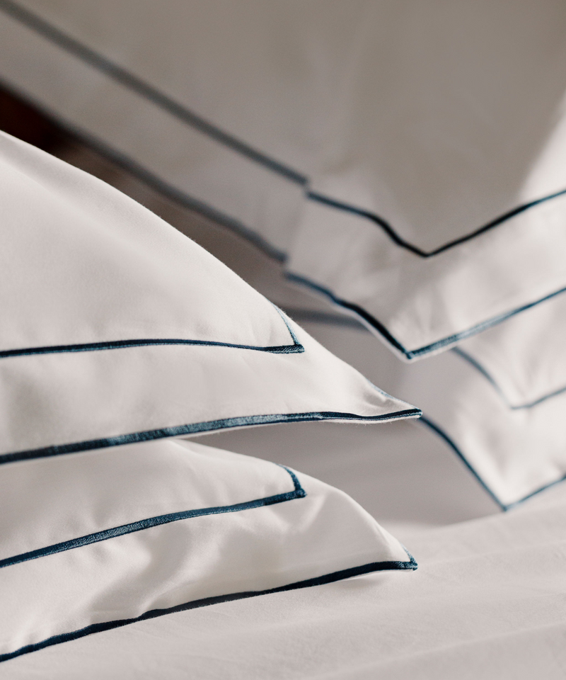 Rebecca Udall Frame Bed Linen, White with Steel Blue Two Corded Detail Close Up