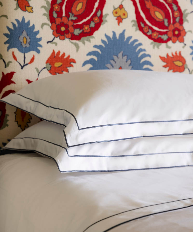 Rebecca Udall Frame Bed Linen, White with Steel Blue Stitching Cord Detail