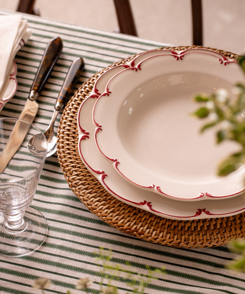 Victoria Striped Linen Tablecloth, Fir Green