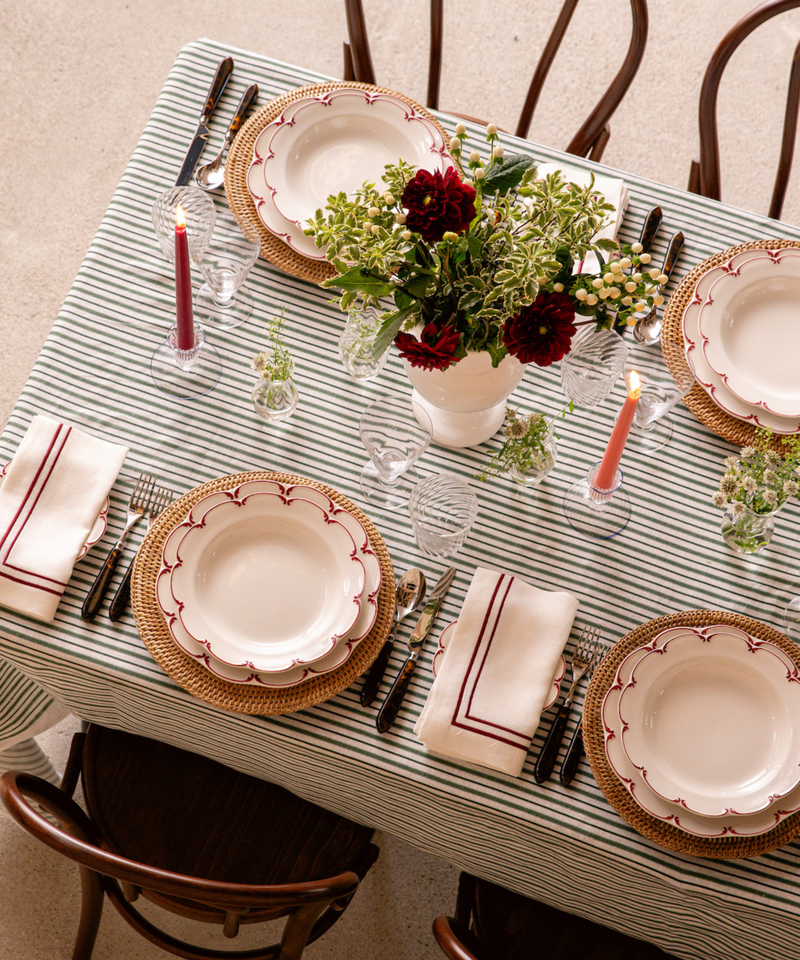 Victoria Striped Linen Tablecloth, Fir Green