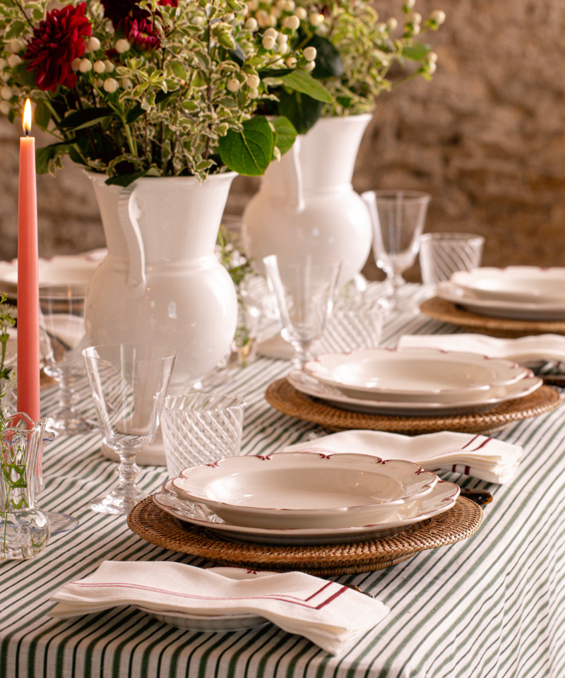 Victoria Striped Linen Tablecloth, Fir Green