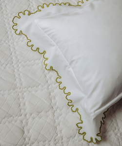 Thea Scalloped Boudoir Pillowcase, Chartreuse, lifestyle detail