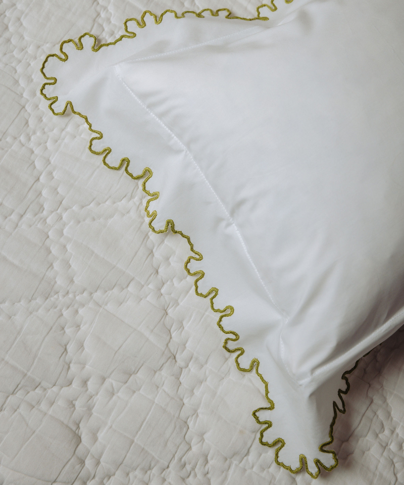 Thea Scalloped Boudoir Pillowcase, Chartreuse, Lifestyle Detail