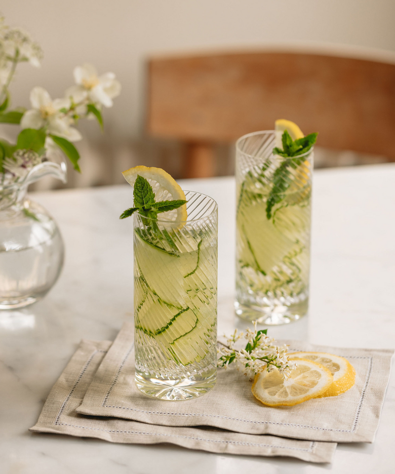 Julia Twisted Cut Crystal Tall Tumbler Glass, Rebecca Udall with the Classic Hemstitch Napkin