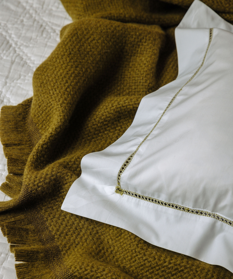 Rebecca Udall Georgiana Ladderstitch Boudoir Pillowcase, Chartreuse and Basketweave Alpaca Throw, Fern