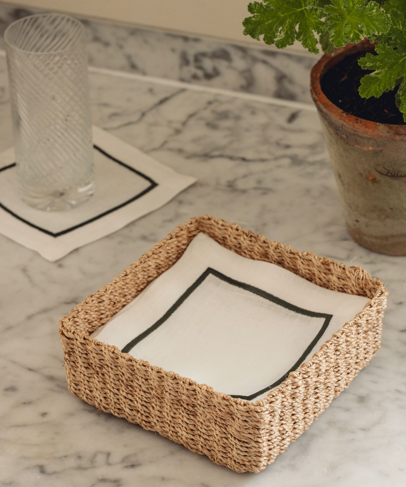 Rebecca Udall Set of 4 Sophie One Cord Cocktail Napkins, Moss Green with Abaca Storage Basket