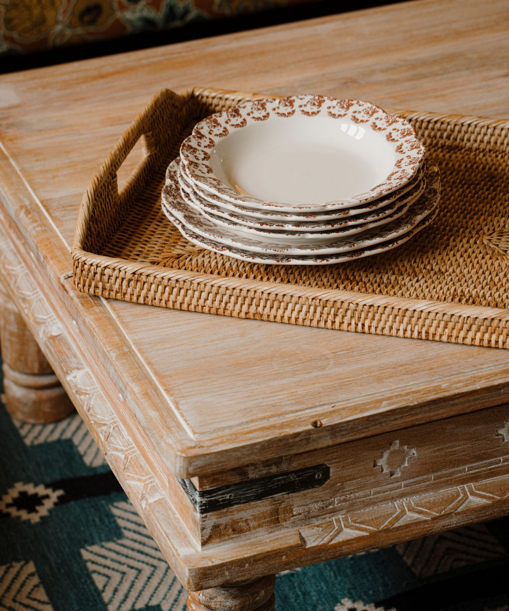 Rebecca Udall, Rattan Wicker Woven Serving Tray with the Josephine Plates