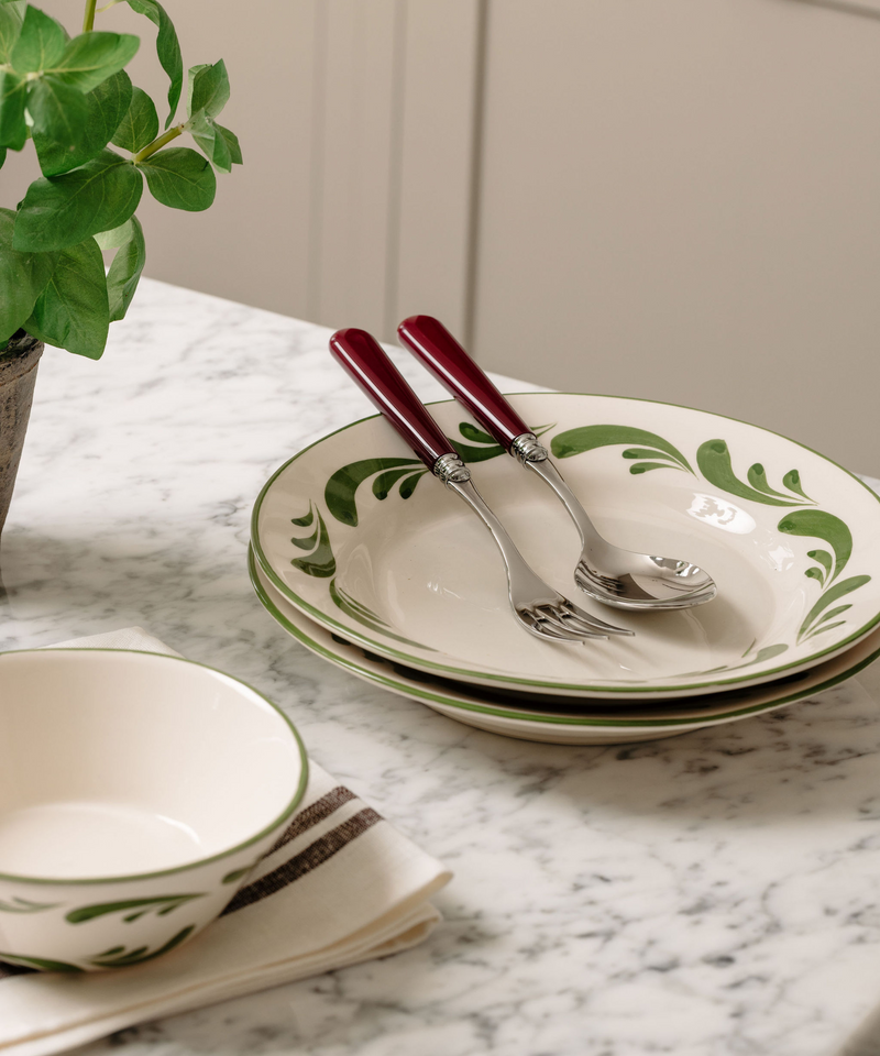 Rebecca Udall Celia Cereal Bowl, Leaf Green, with Burgundy Cutlery