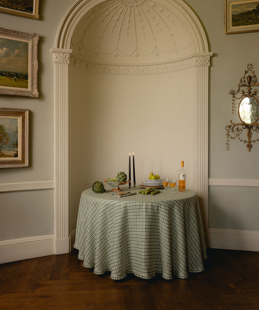 Remy Round Pleated Linen Tablecloth, Ivy, Indoor Table Lifestyle