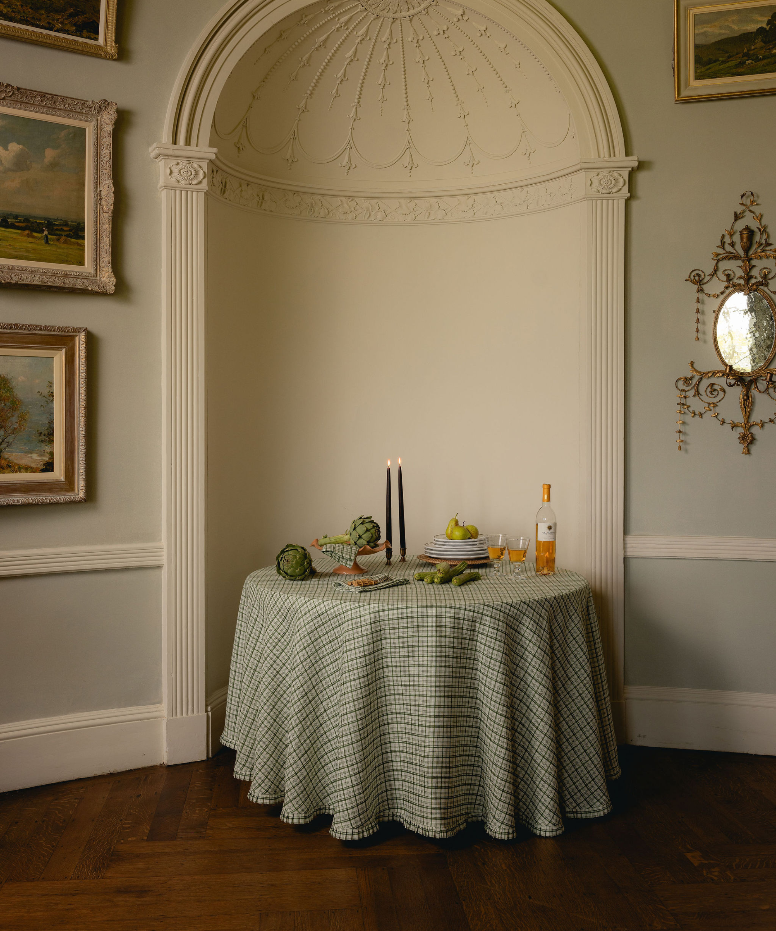 Remy Round Pleated Linen Tablecloth, Ivy, Indoor Table Lifestyle