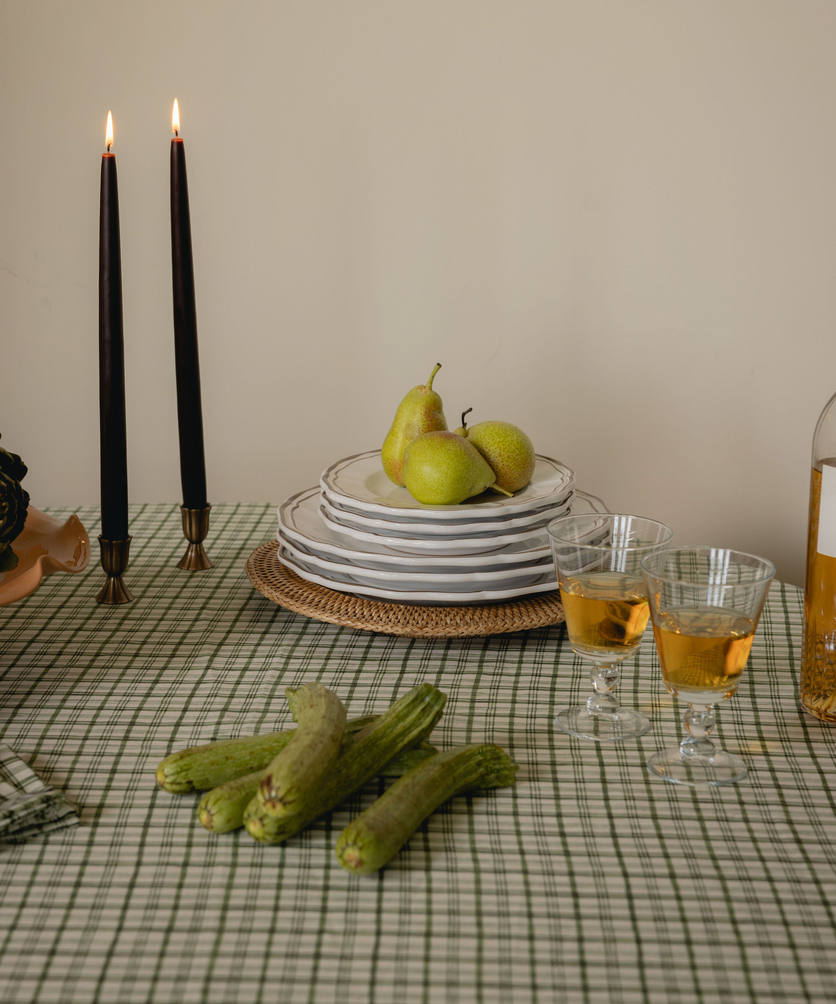 Remy Table Linens, Ivy, with Evelyn Glassware
