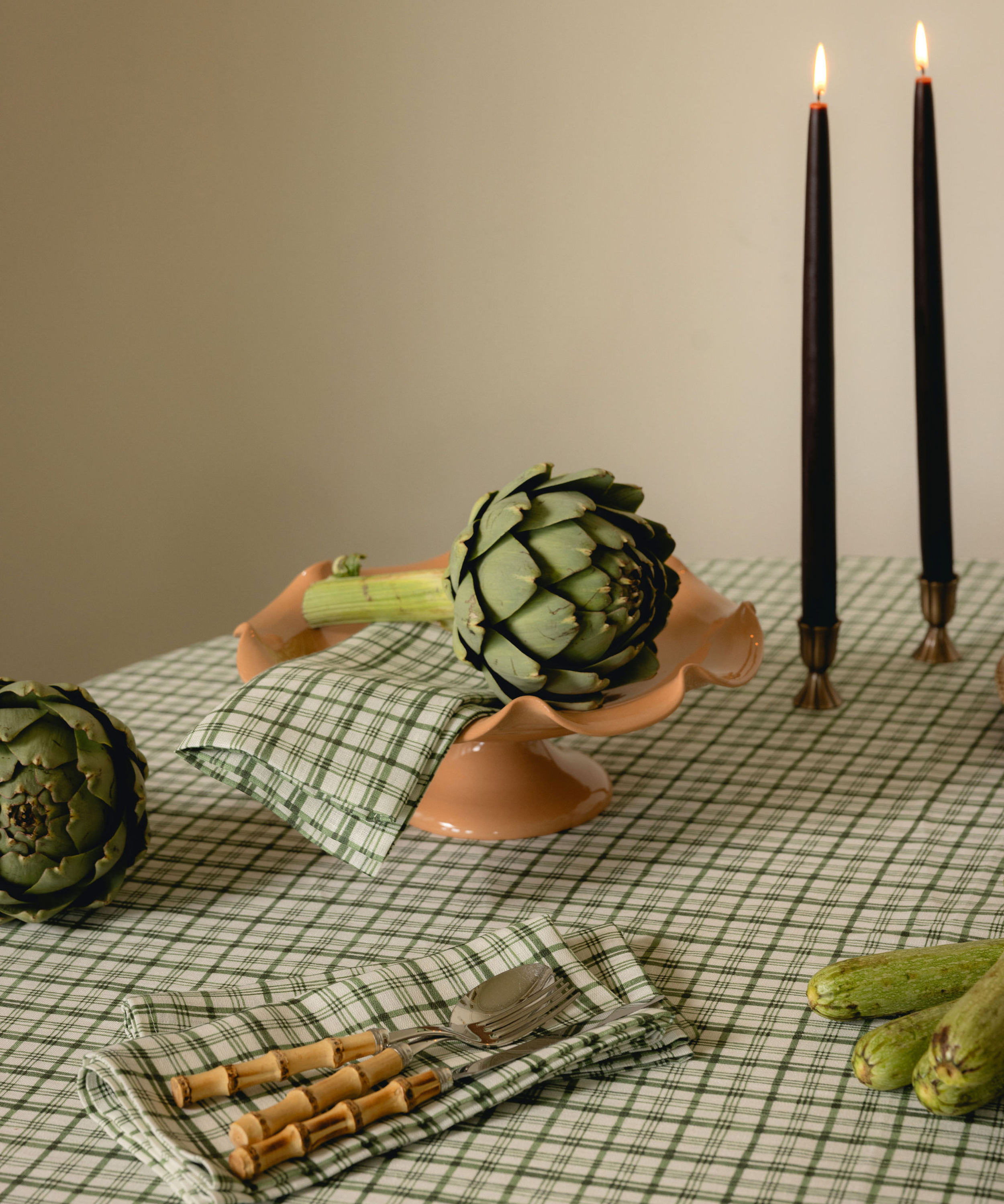 Remy Table Linens, Ivy, with Claudia Footed Bowl