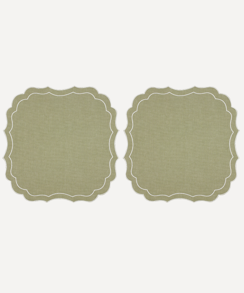 Rebecca Udall Stella Waxed Italian linen placemat with embroidered cotton trim. Sage Green, White
