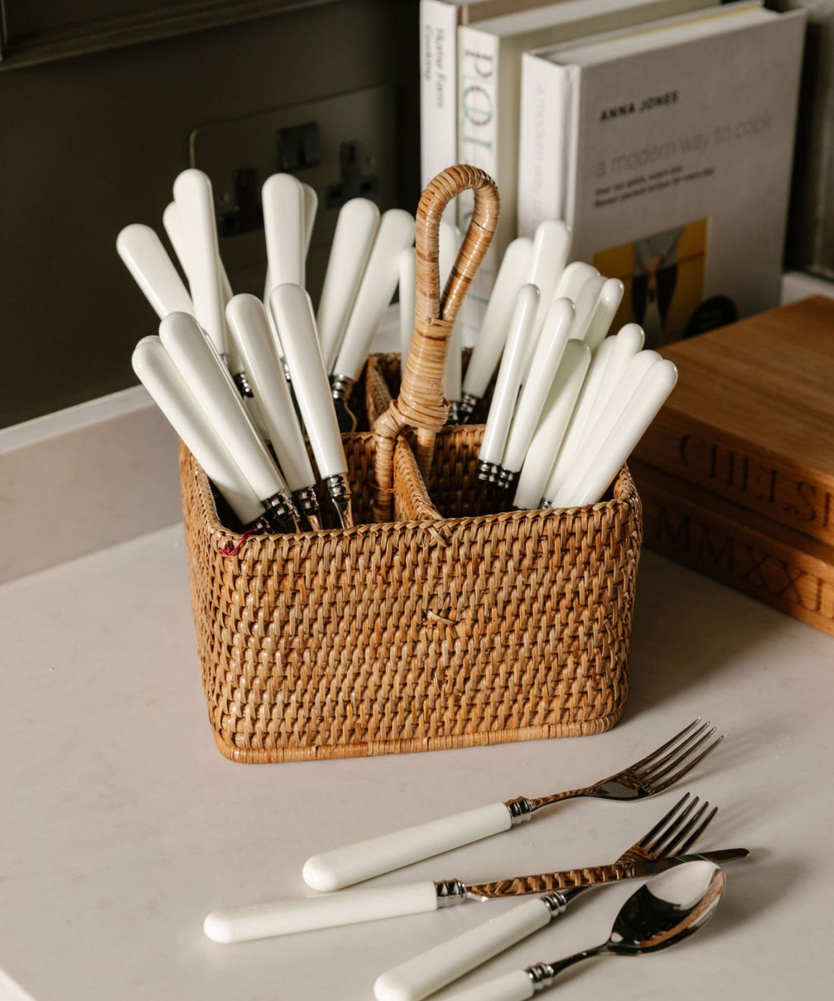 Rebecca Udall, Classic Cutlery Set, Pale Ivory with the Rattan Cutlery and Condiment Holder
