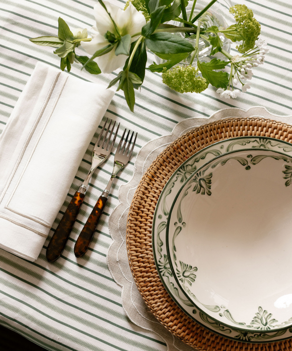 Rebecca Udall Victoria Striped Linen Tablecloth, Chalk & Moss Green with Eleanor Crockery