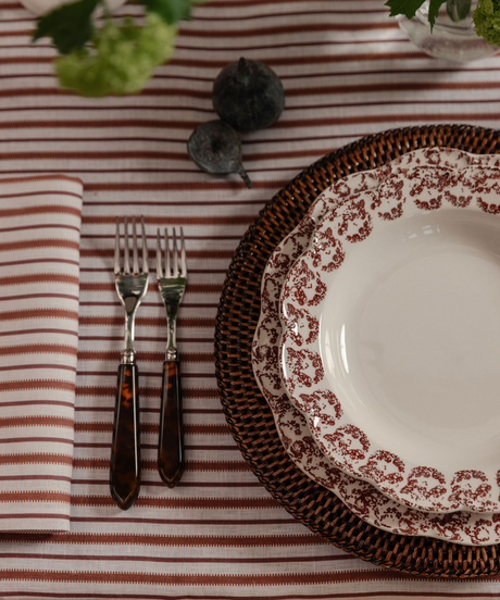 Victoria Striped Table Linens, Dusty Rosewood