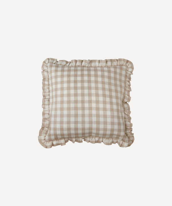Ruffle Gingham Linen Square Cushion Cover, Taupe