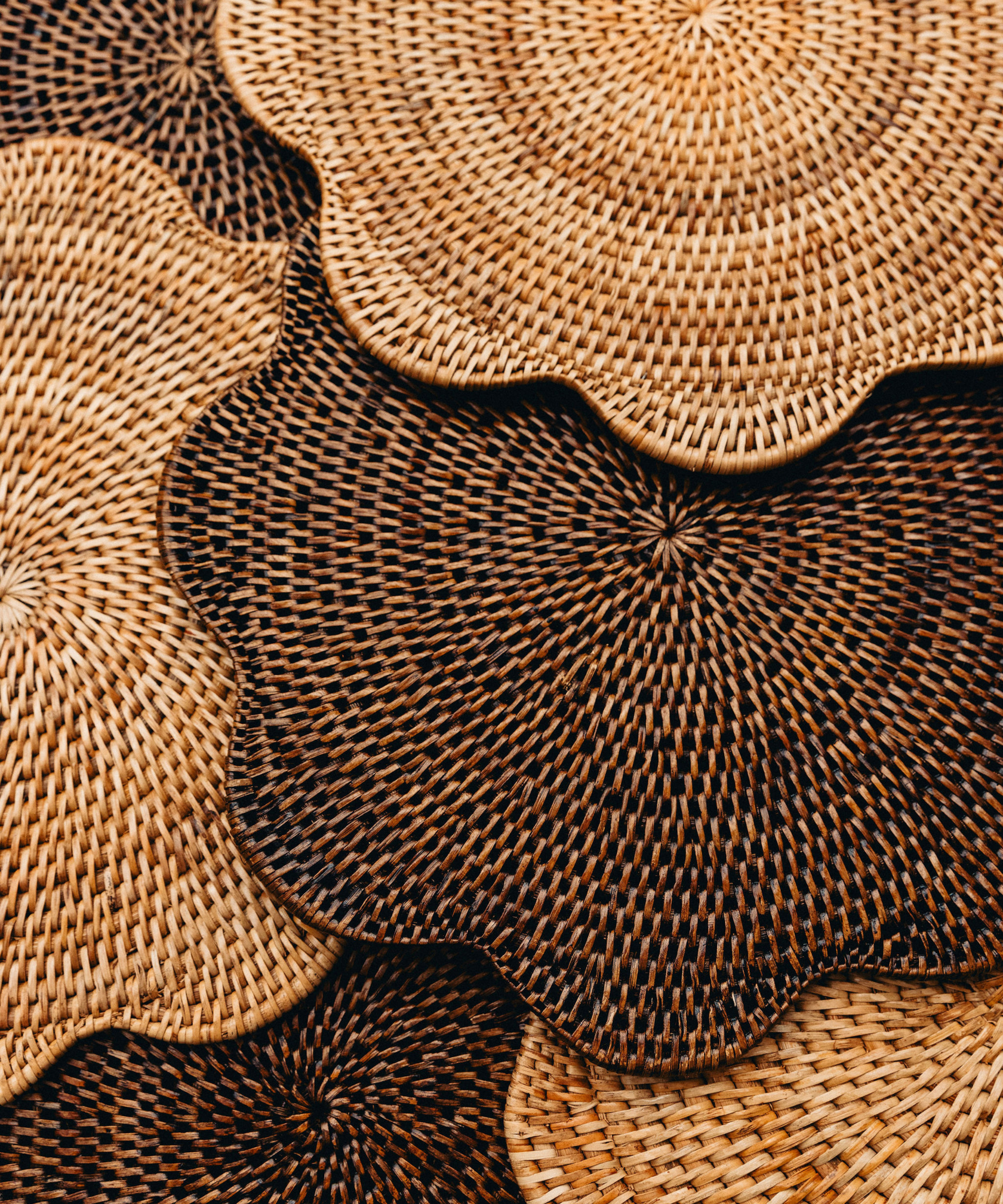 Rebecca Udall Scalloped Wavy Hand Woven Rattan Placemat, Dark Brown and Natural