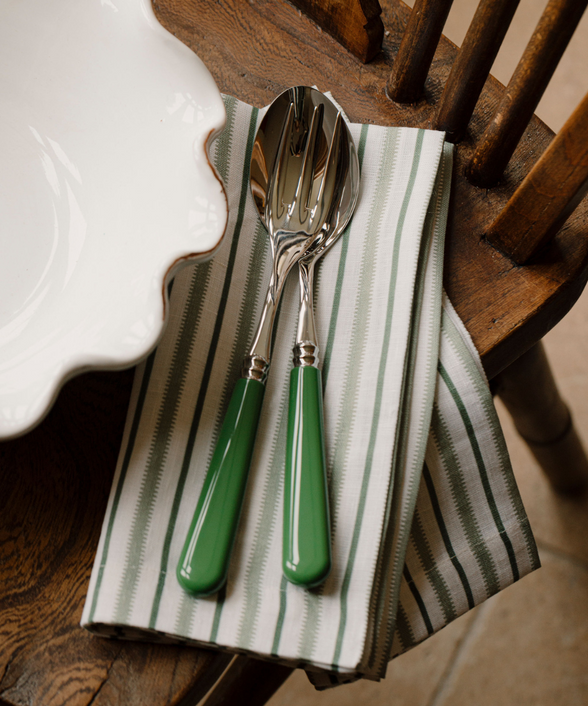 Rebecca Udall Victoria Striped Linen Napkin, Chalk & Moss Green with Classic Cutlery