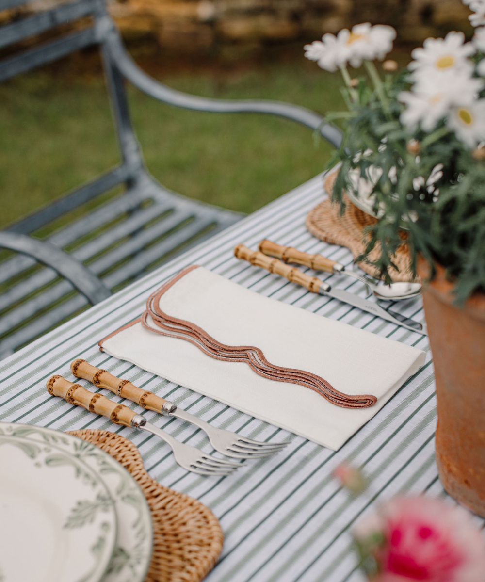 Rebecca Udall Scalloped Wavy Linen Dinner Napkin, Rosewood with the Victoria Striped Tablecloth