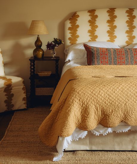 Nina Scalloped Quilted Cotton Bedspread, Raffia, with Thea Bed Linen