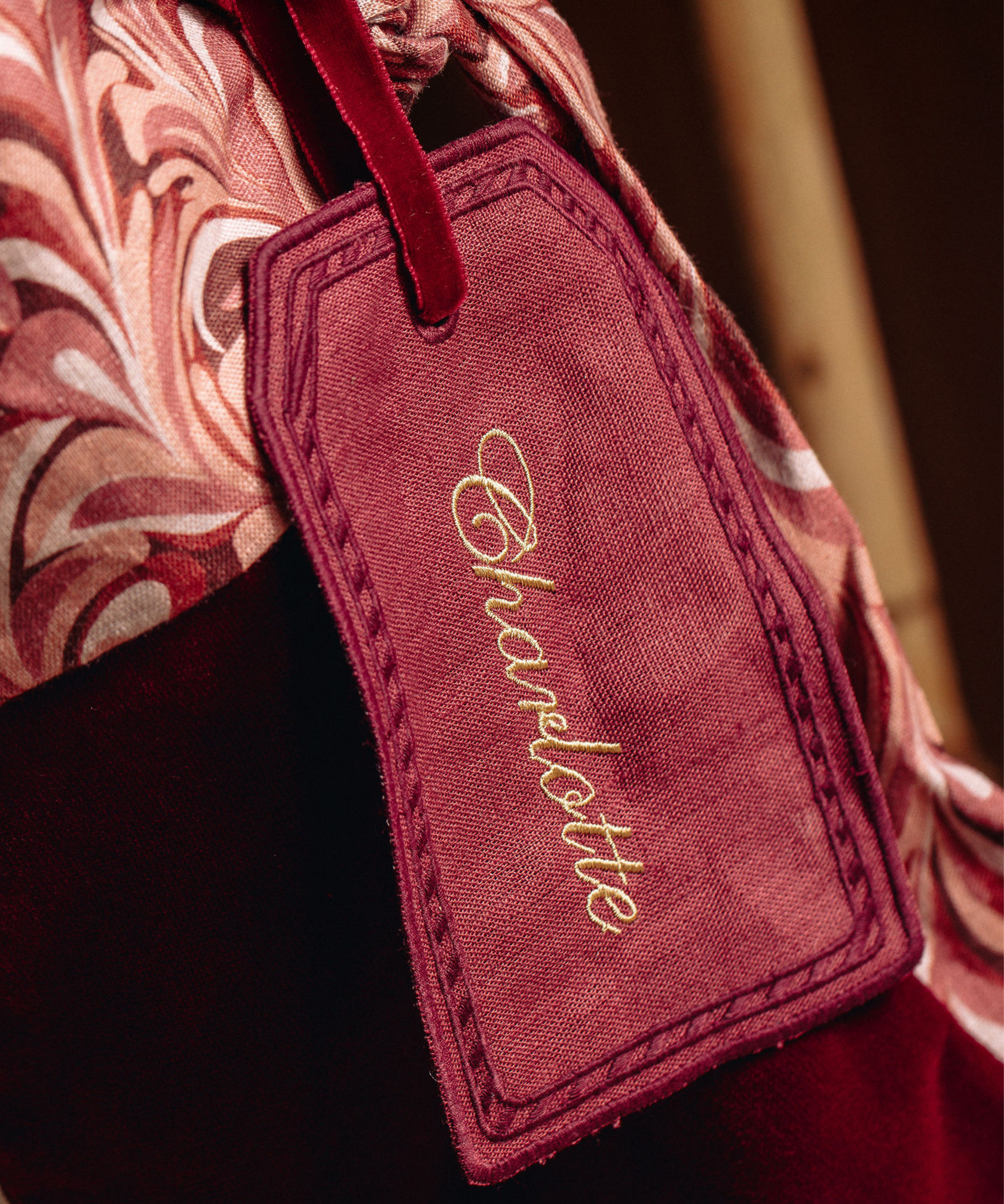 Velvet & Silk Christmas Sack with Personalised Linen Gift Tag, Burgundy