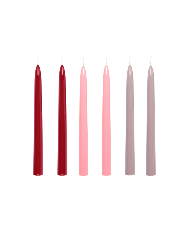 Box of 6 Lacquered Taper Candles, Berry Medley