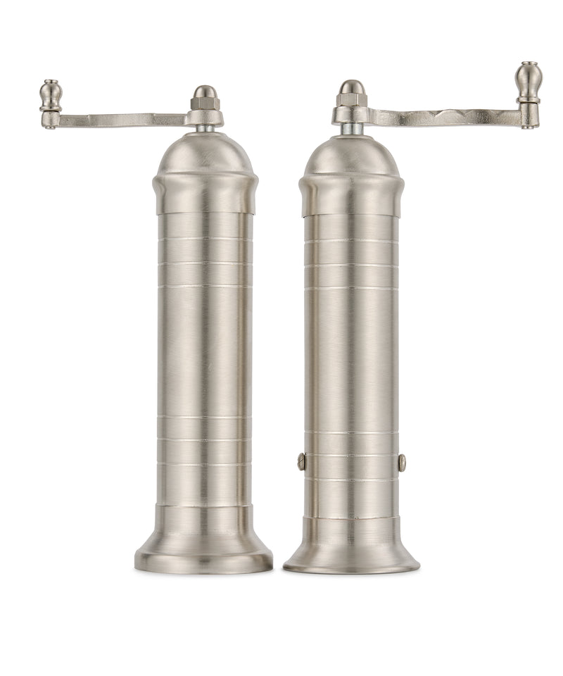Brushed Nickel metal Salt and pepper mill grinder set with handles