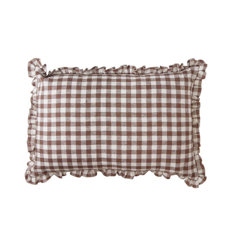 gingham ruffle frill chocolate brown white cushion cover scatter pillow bed