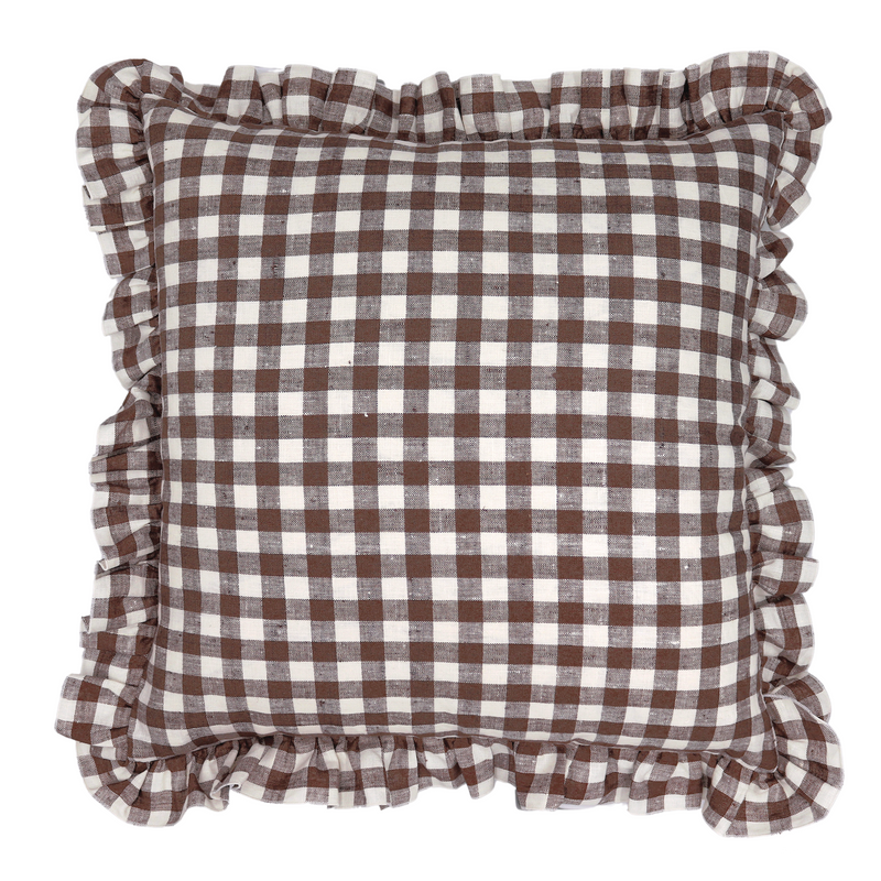 gingham ruffle frill chocolate brown white cushion cover scatter pillow bed