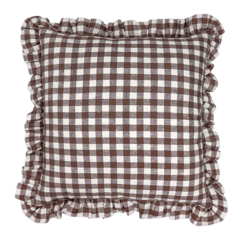 Frill Gingham Square Linen Cushion Cover Chocolate Brown