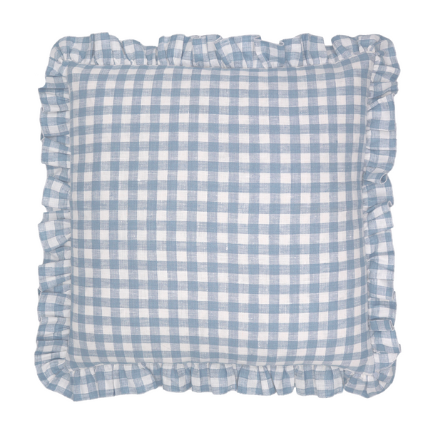 gingham ruffle frill pale pastel blue white cushion cover scatter pillow bed