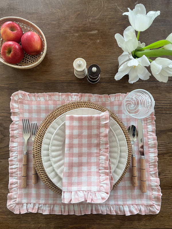 Ruffle Gingham Linen Placemat, Dusty Pink