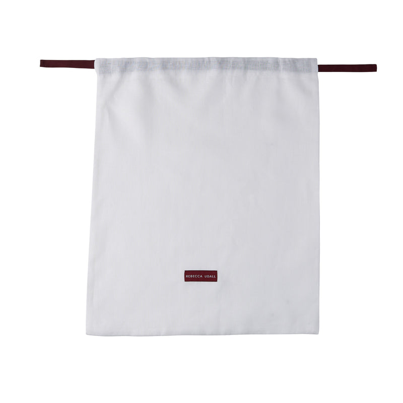 large linen dust bag off white ivory burgundy ribbon luxury gift packaging