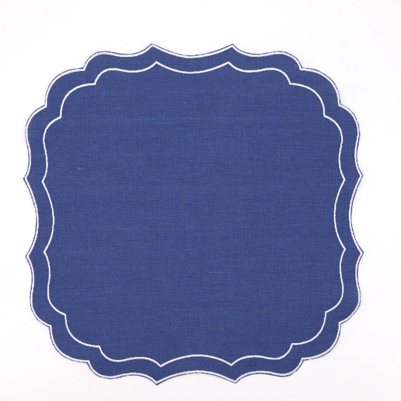 luxury waxed italian linen placemats dinner dining tableware scalloped frill denim blue
