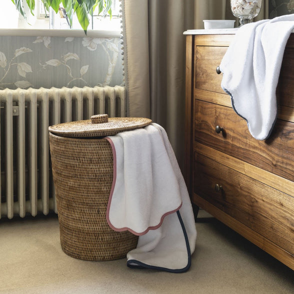 Rebecca Udall, Luxury Classic Artisan Brown rattan wicker bathroom bin, round rattan wicker laundry basket